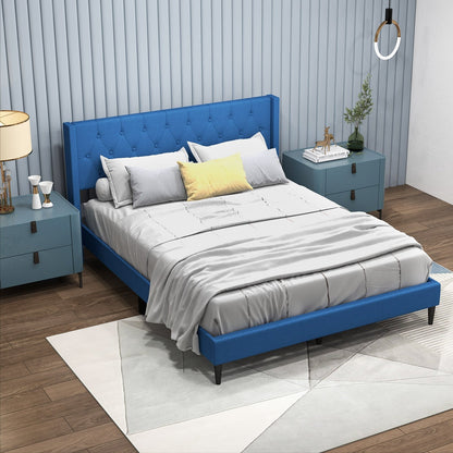 Queen Size Upholstered Platform Bed with Button Tufted Wingback Headboard-Blue