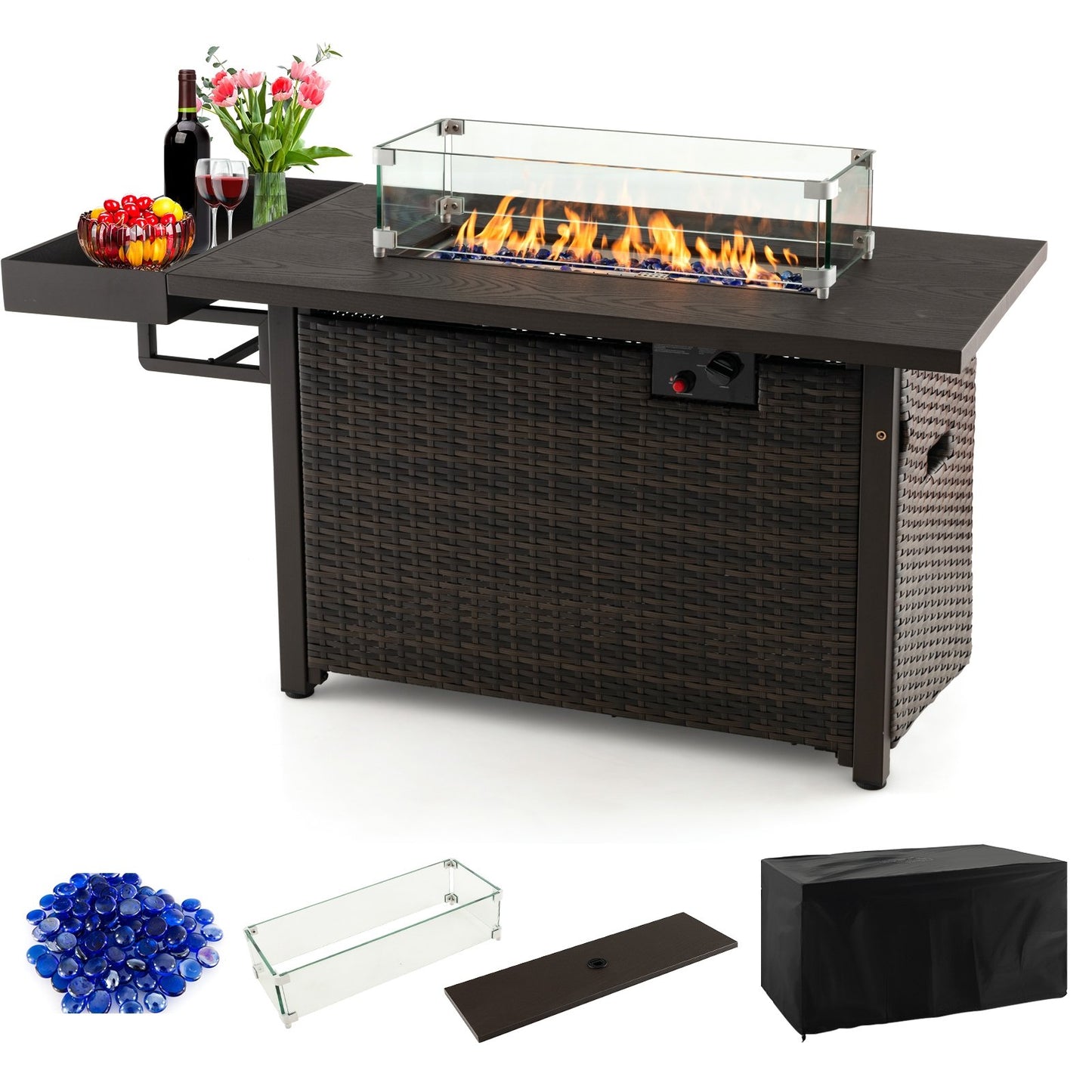 52 Inches Outdoor Wicker Gas Fire Pit Propane Fire Table with Cover-Black