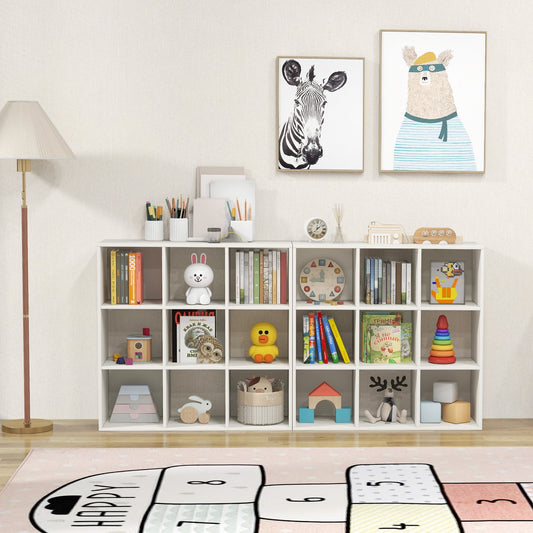 Wooden Kids Bookcase with Storage Cubbies and Anti-toppling Devices-White