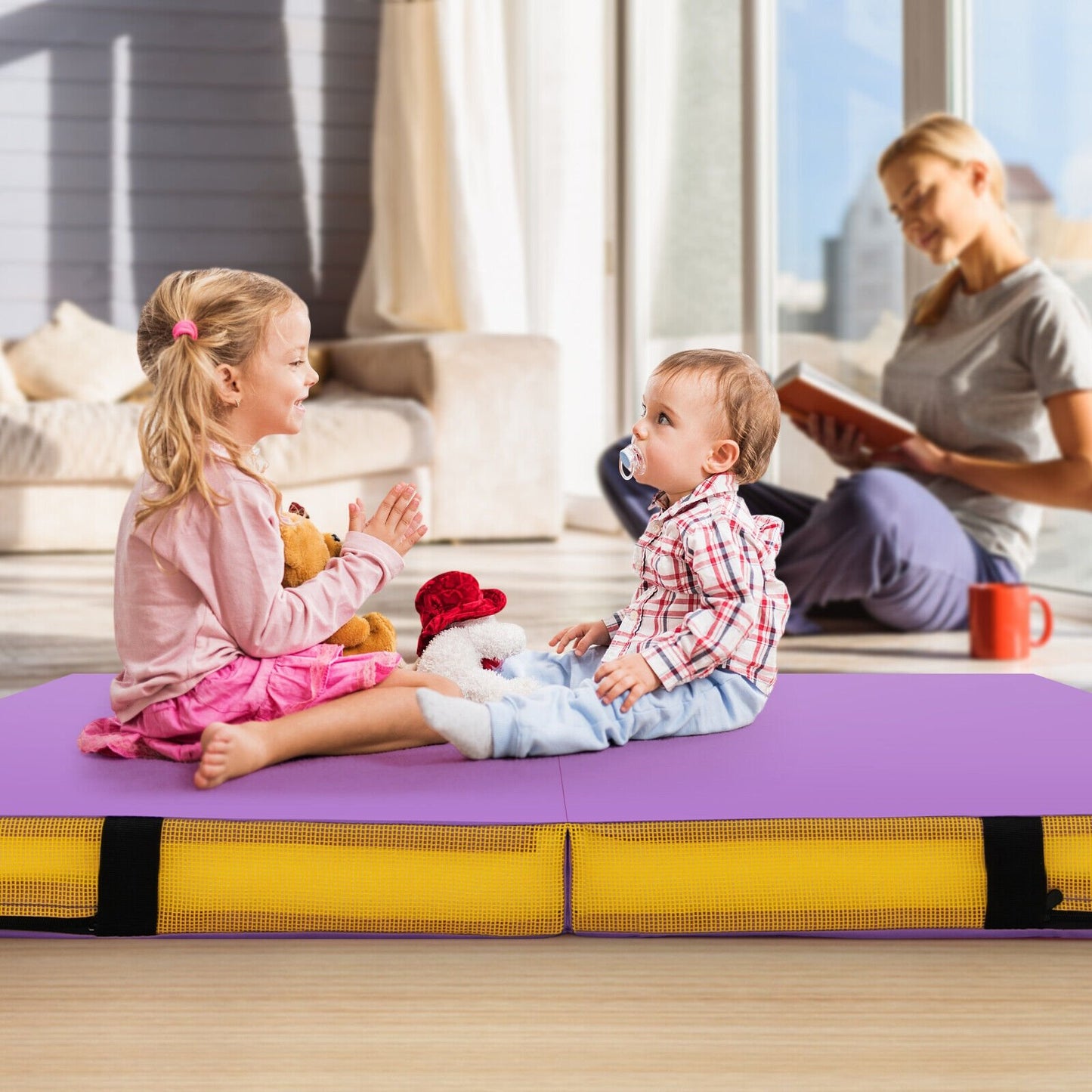 4ft x 4ft x 4in Bi-Folding Gymnastic Tumbling Mat with Handles and Cover-Blue