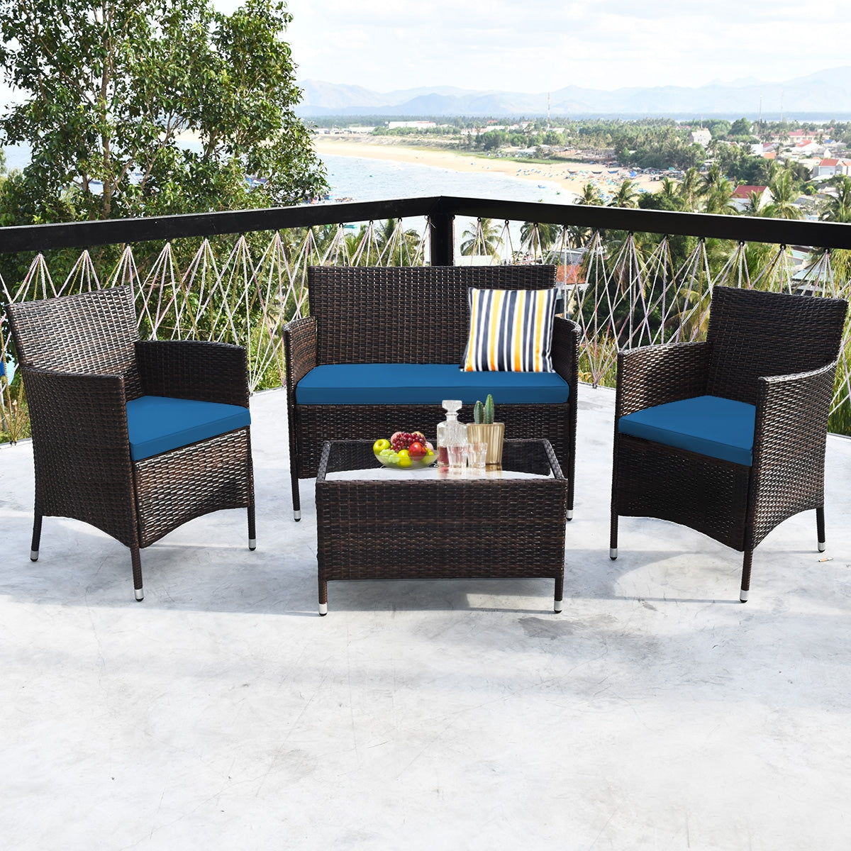 4 Pieces Comfortable Outdoor Rattan Sofa Set with Glass Coffee Table-Peacock Blue