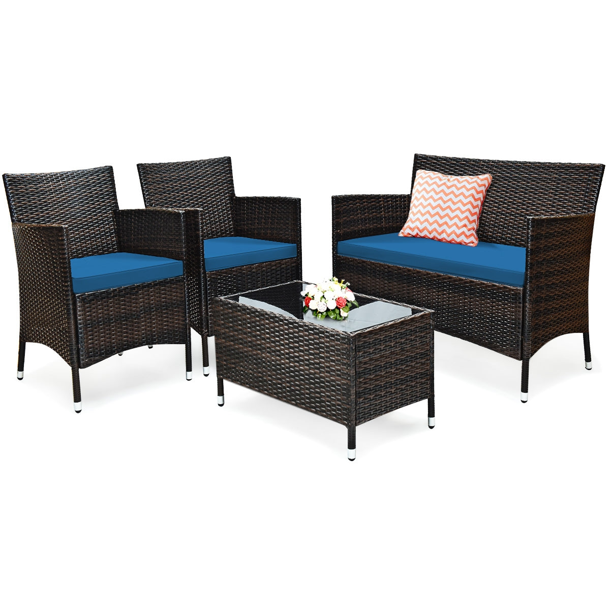 4 Pieces Comfortable Outdoor Rattan Sofa Set with Glass Coffee Table-Peacock Blue