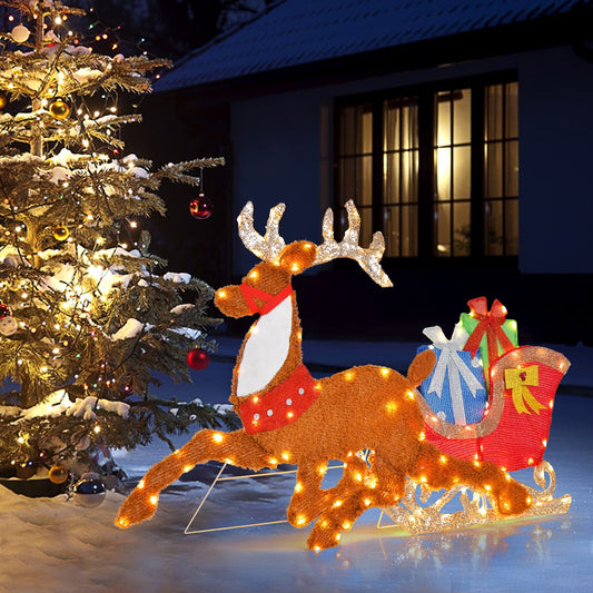Lighted 2D Christmas Reindeer and Sleigh Decoration for Lawn Front Door Home