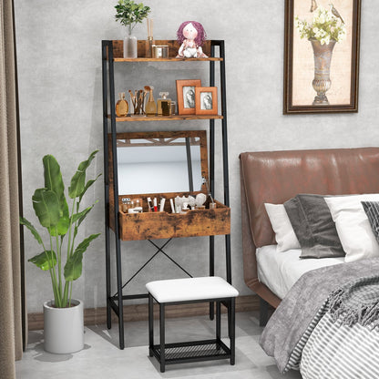 Ladder Vanity Desk Set with Flip Top Mirror and Cushioned Stool-Black
