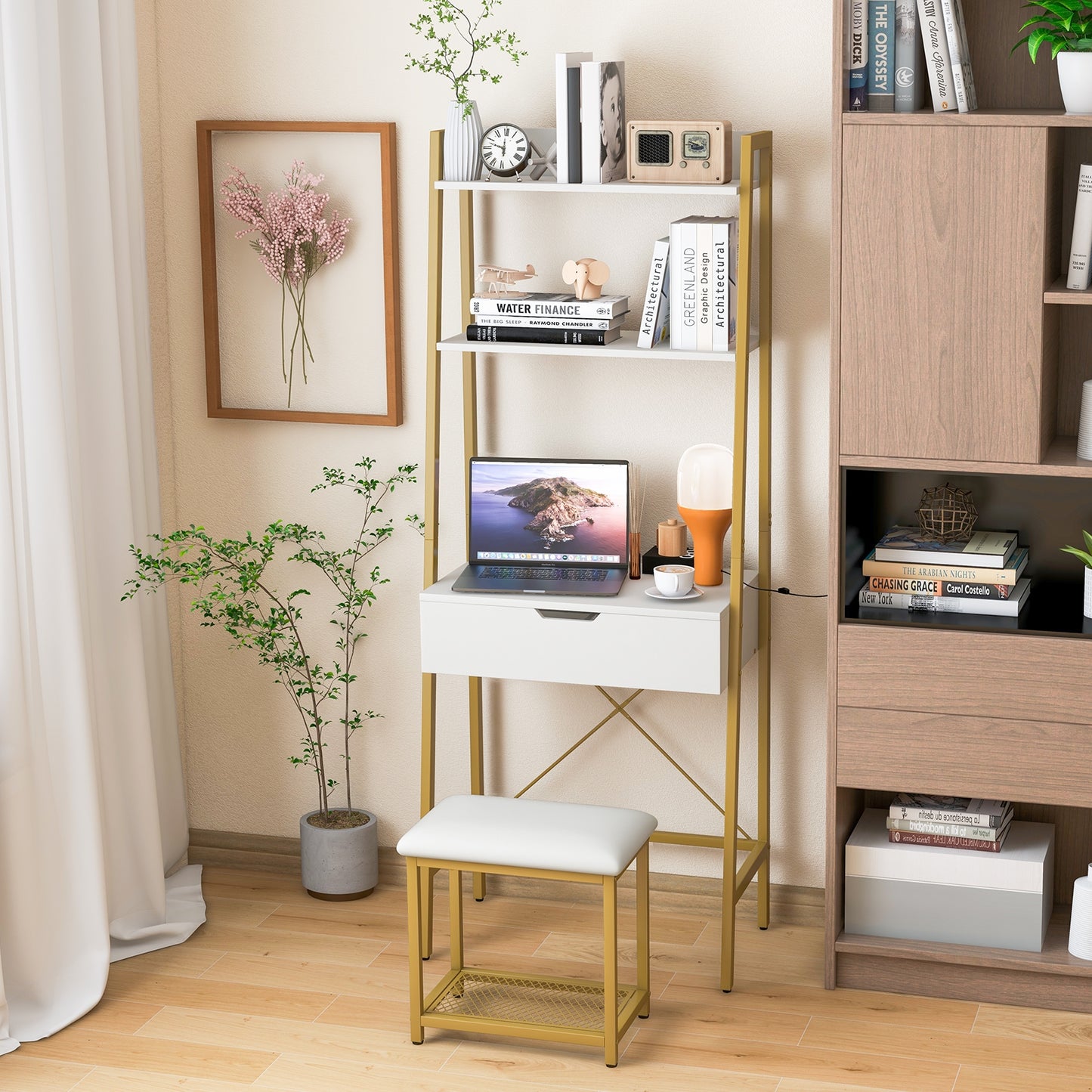 Ladder Vanity Desk Set with Flip Top Mirror and Cushioned Stool-Golden
