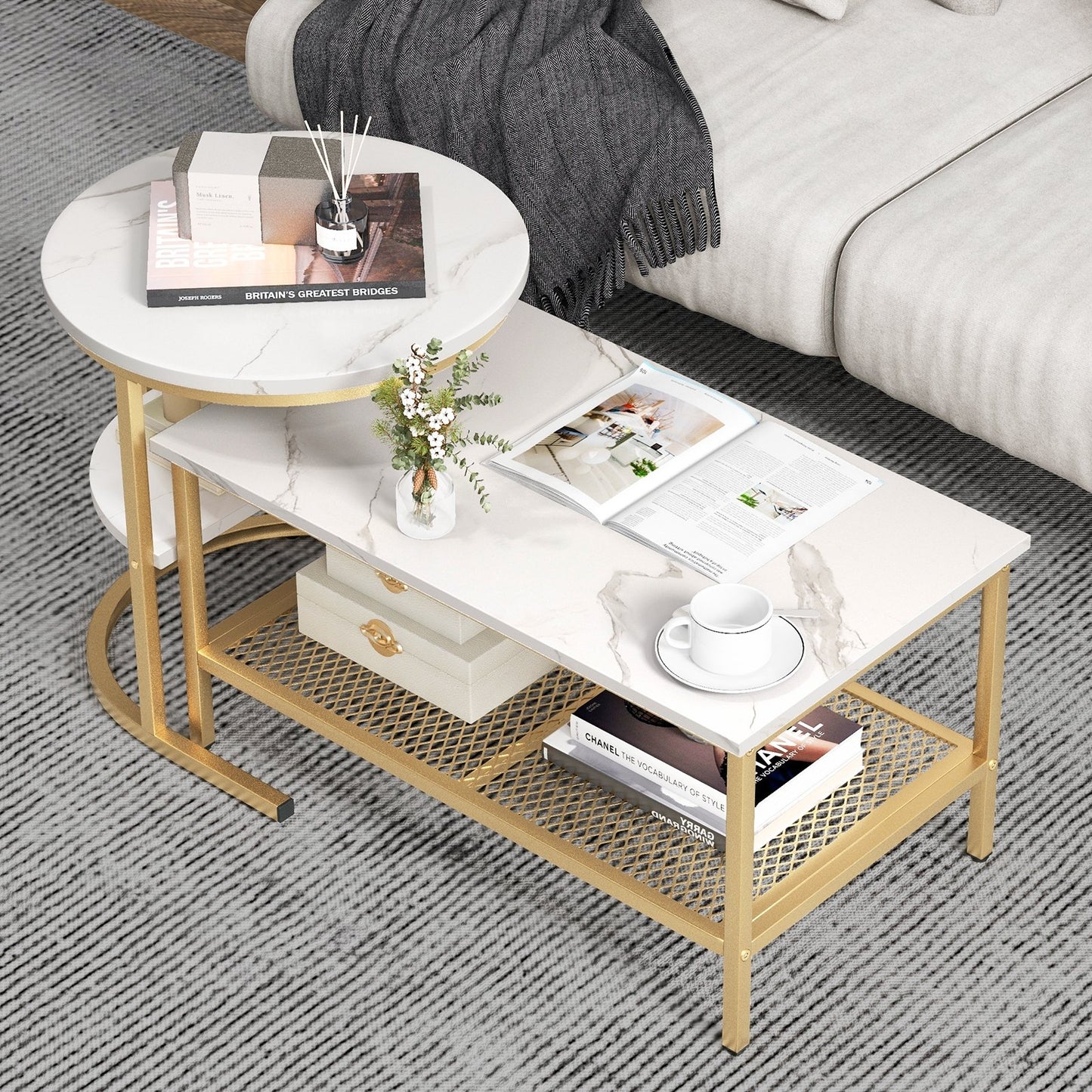 Set of 2 Nesting Coffee Table with Extra Storage Shelf for Living Room-Black