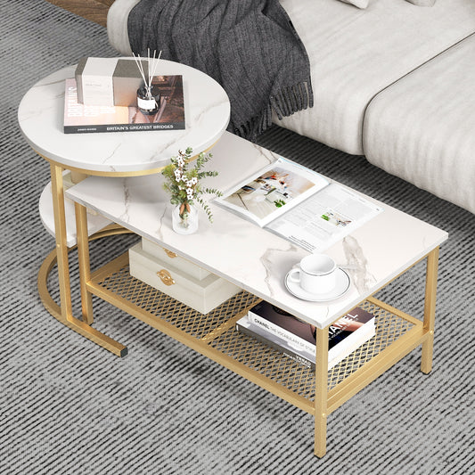 Set of 2 Nesting Coffee Table with Extra Storage Shelf for Living Room-Golden