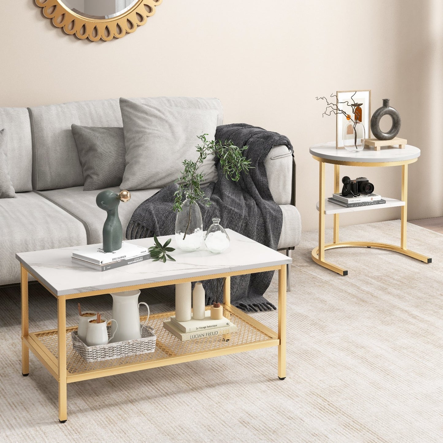 Set of 2 Nesting Coffee Table with Extra Storage Shelf for Living Room-Black