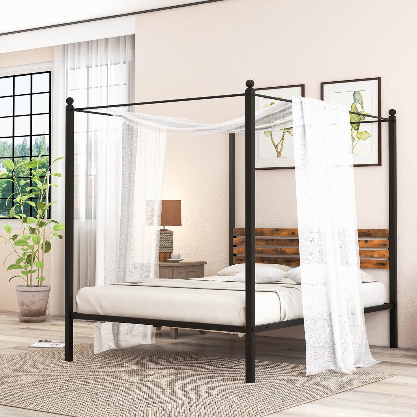 Queen Size Canopy Bed Frame with Under Bed Storage-Twin Size