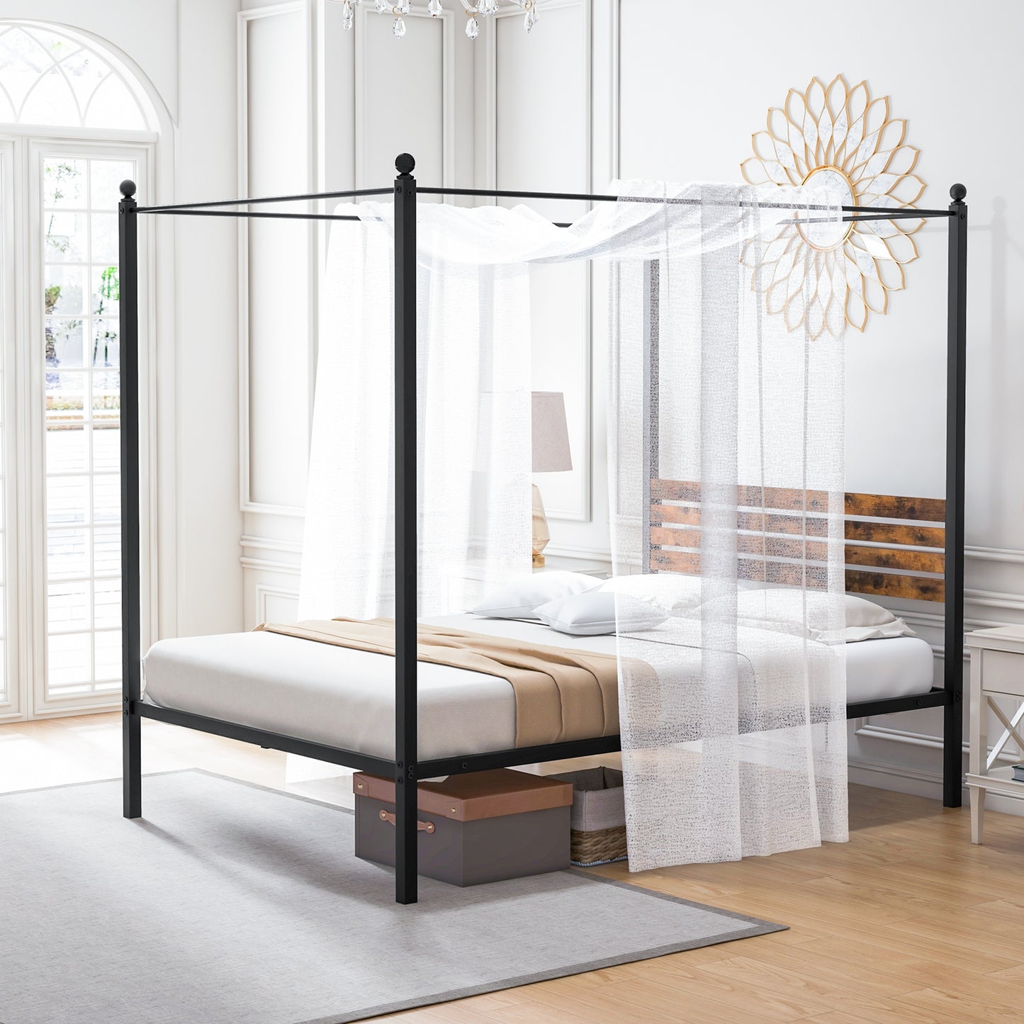 Queen Size Canopy Bed Frame with Under Bed Storage-Twin Size