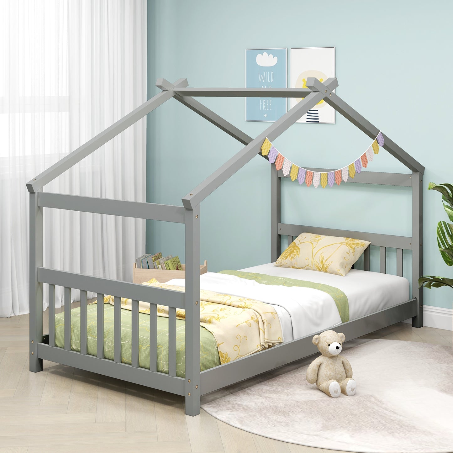 Twin Size Wooden House Bed with Roof-Gray