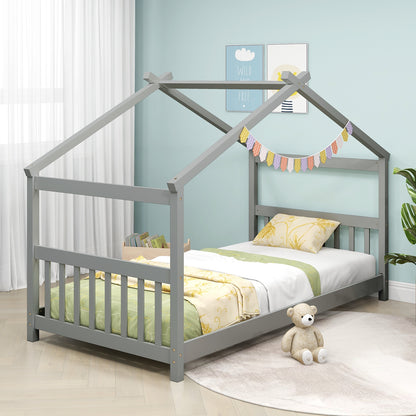 Twin Size Wooden House Bed with Roof-Gray