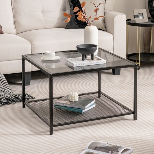Modern 2-Tier Square Glass Coffee Table with Mesh Shelf-Gray