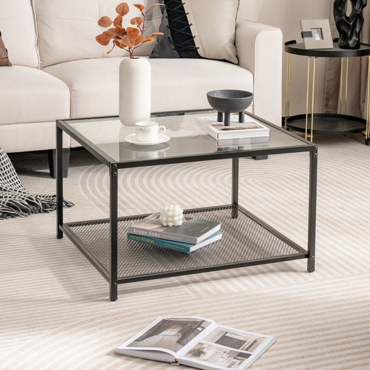 Modern 2-Tier Square Glass Coffee Table with Mesh Shelf-Transparent