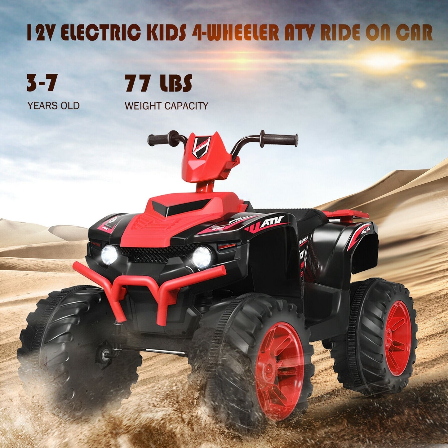 12V Kids Ride on ATV with LED Lights and Treaded Tires and LED lights-Red