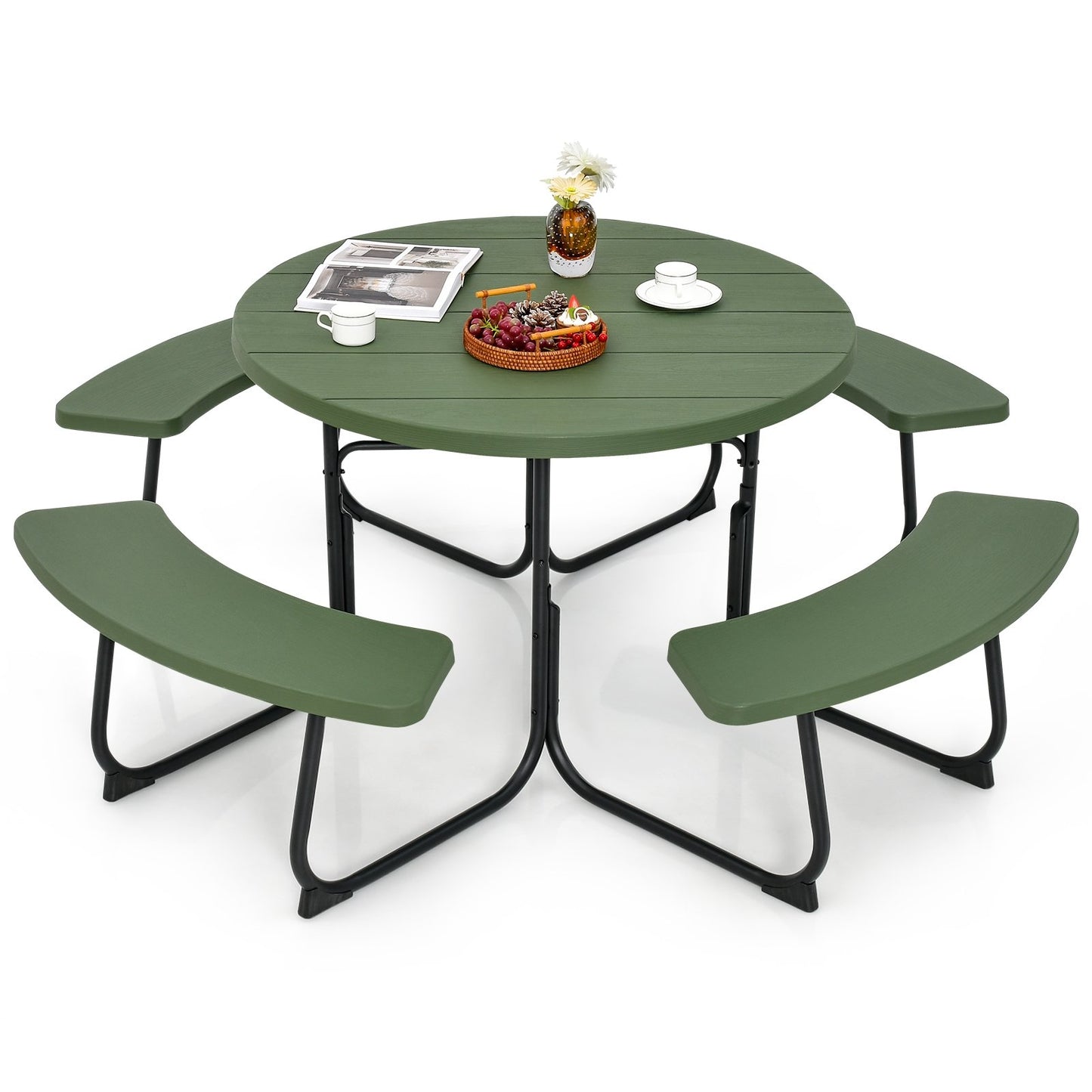 8-Person Outdoor Picnic Table and Bench Set with Umbrella Hole-Black
