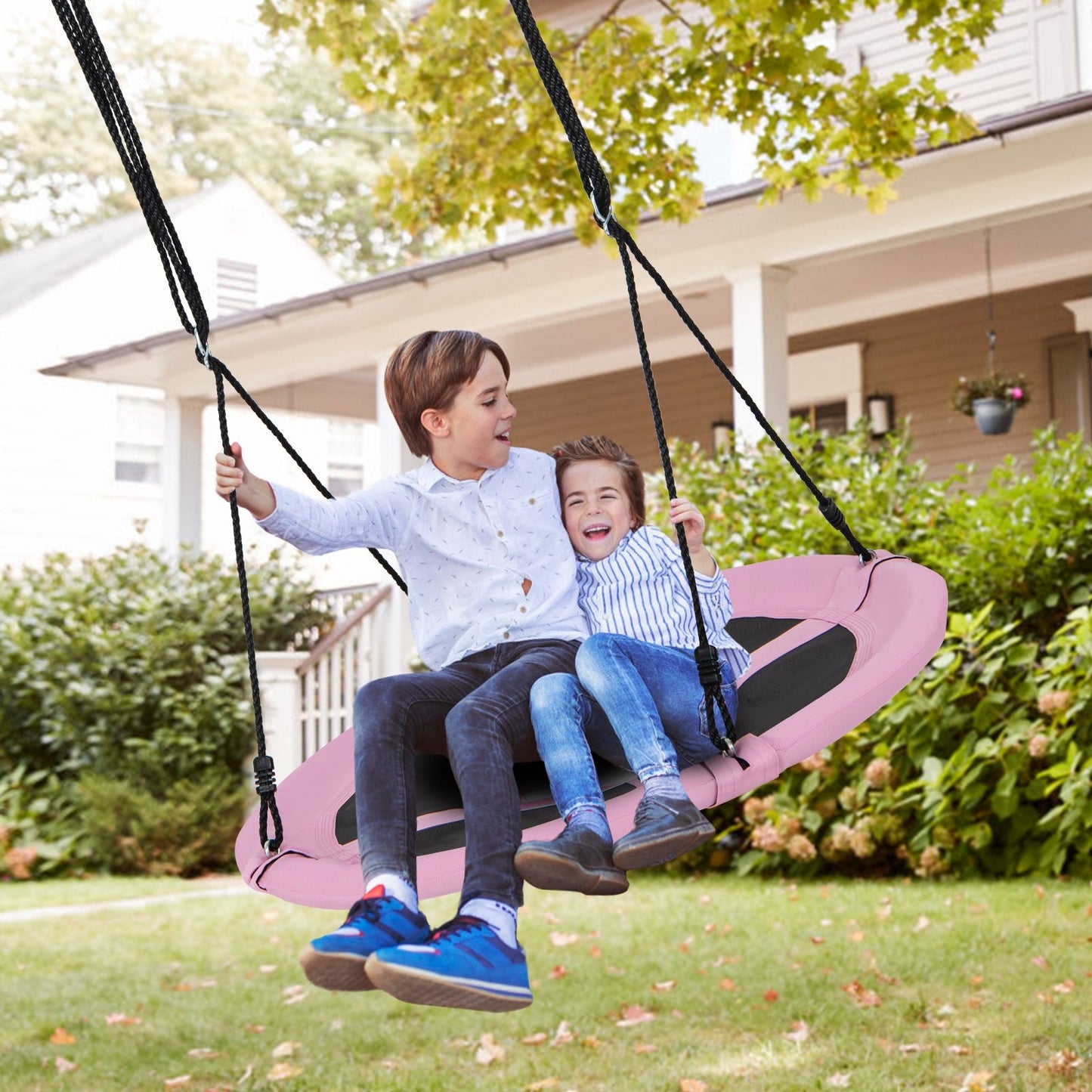 40 Inches Saucer Tree Swing Round with Adjustable Ropes and Carabiners-Green