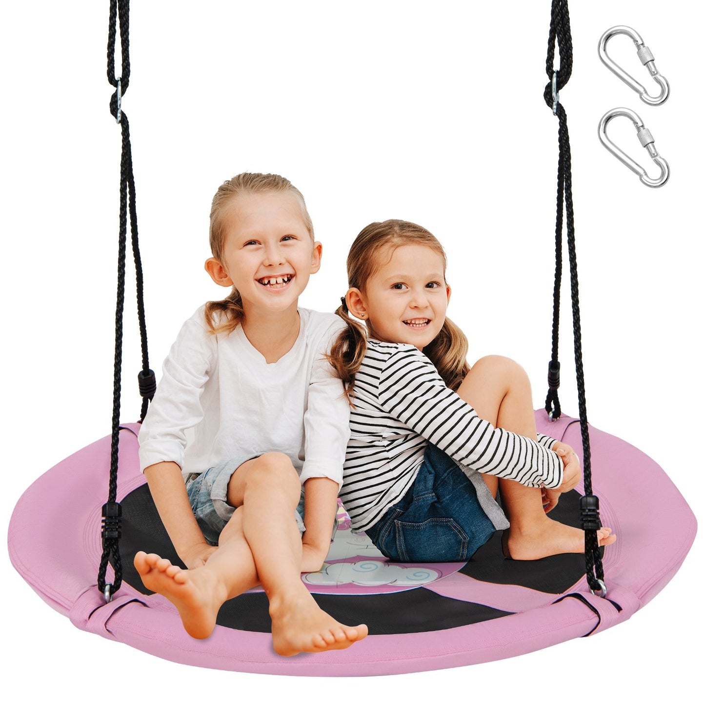40 Inches Saucer Tree Swing Round with Adjustable Ropes and Carabiners-Green