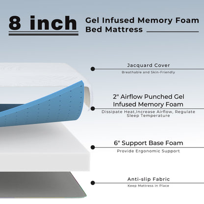 Queen size 8-inch memory foam mattress with poly jacquard fabric cover, shown on a bedroom setting.