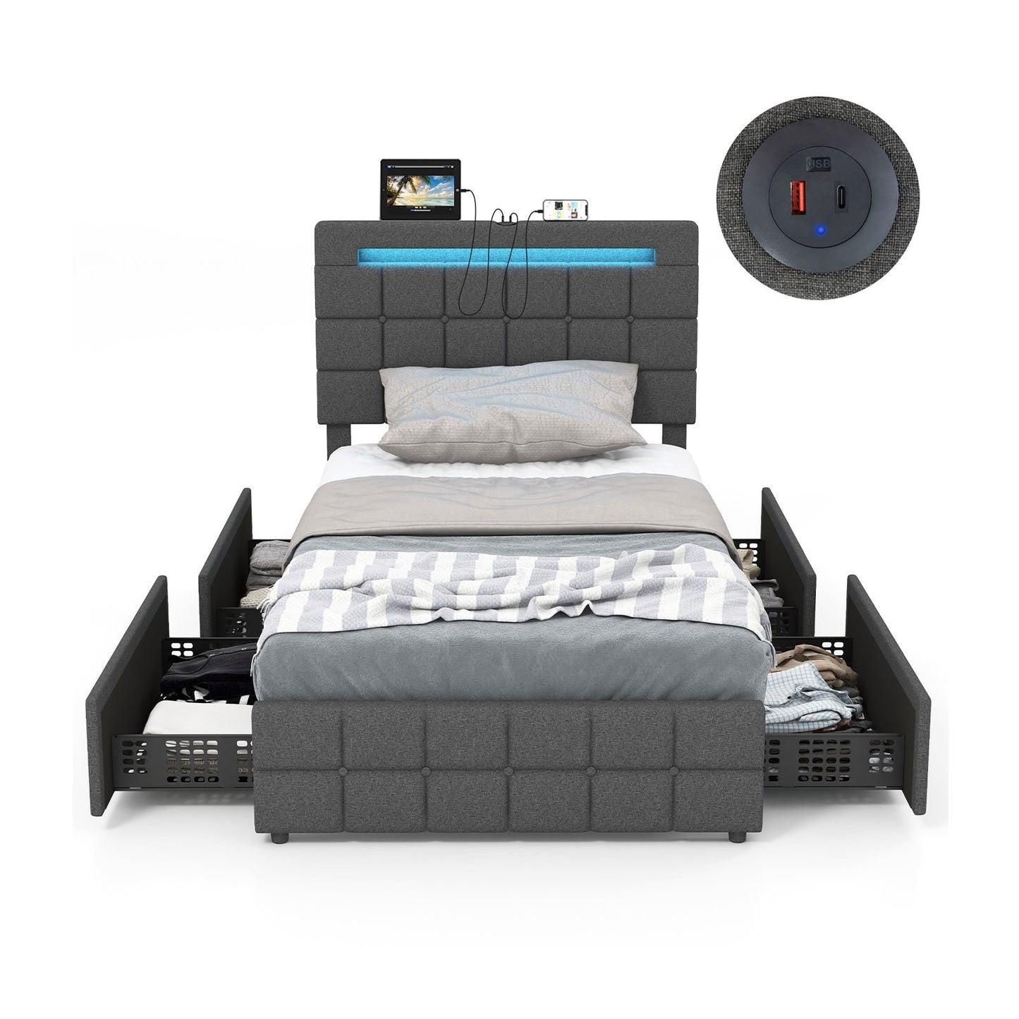 Upholstered LED Bed Frame with Headboard and 4 Drawers-Full Size