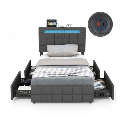 Upholstered LED Bed Frame with Headboard and 4 Drawers-Full Size