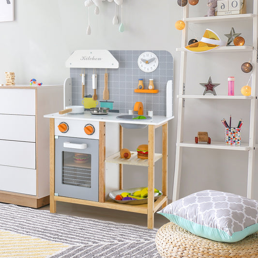 Wooden Toddler Pretend Kitchen Set with Cookware Accessories for Boys and Girls-Grey