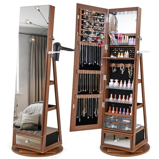 Lockable 360° Swivel Jewelry Cabinet with Full-Length Mirror LED Lights-Walnut