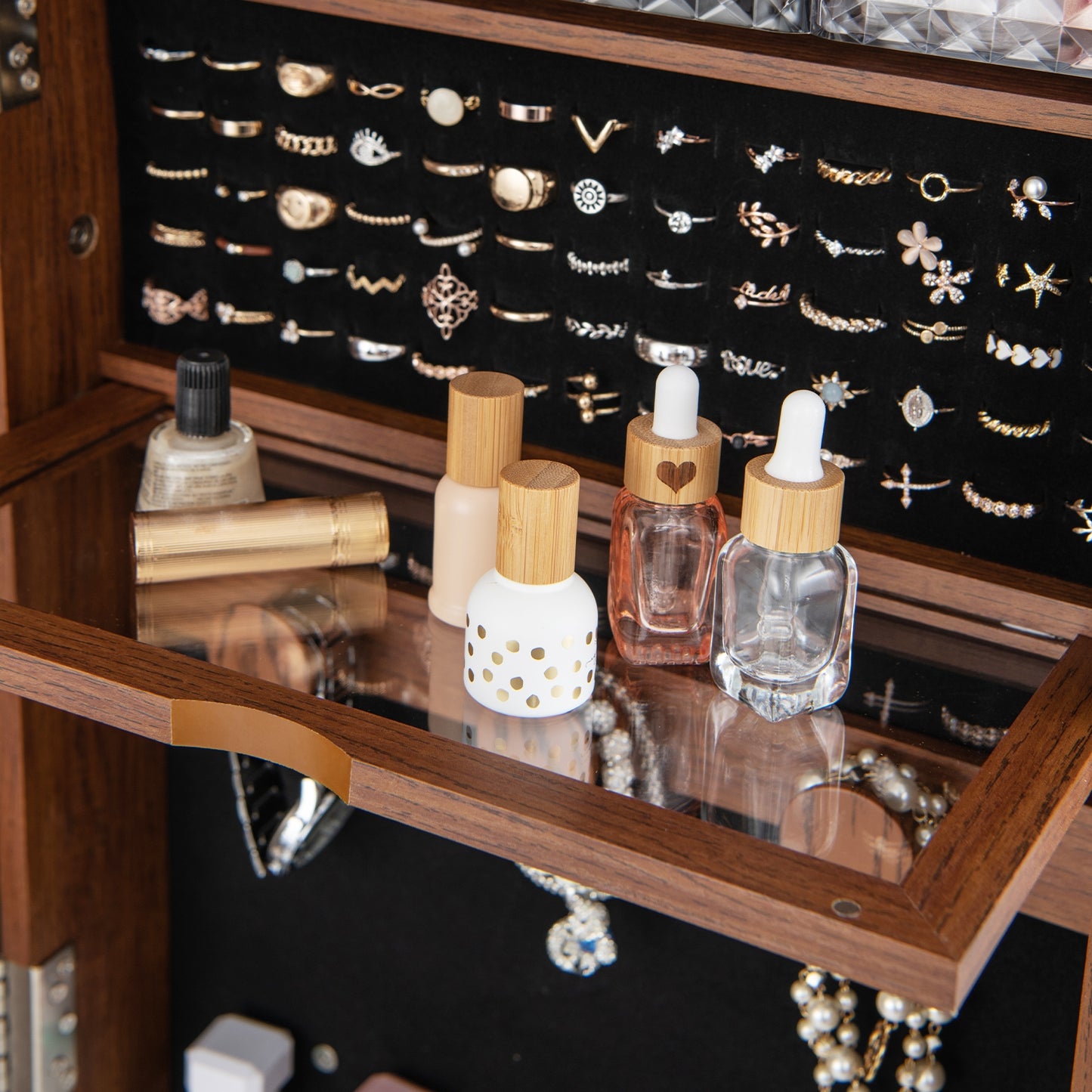 Lockable 360° Swivel Jewelry Cabinet with Full-Length Mirror LED Lights-Walnut