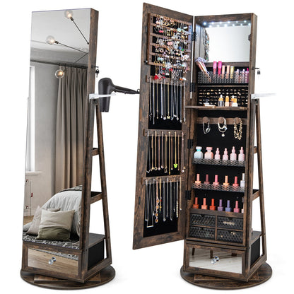 Lockable 360° Swivel Jewelry Cabinet with Full-Length Mirror LED Lights-Black