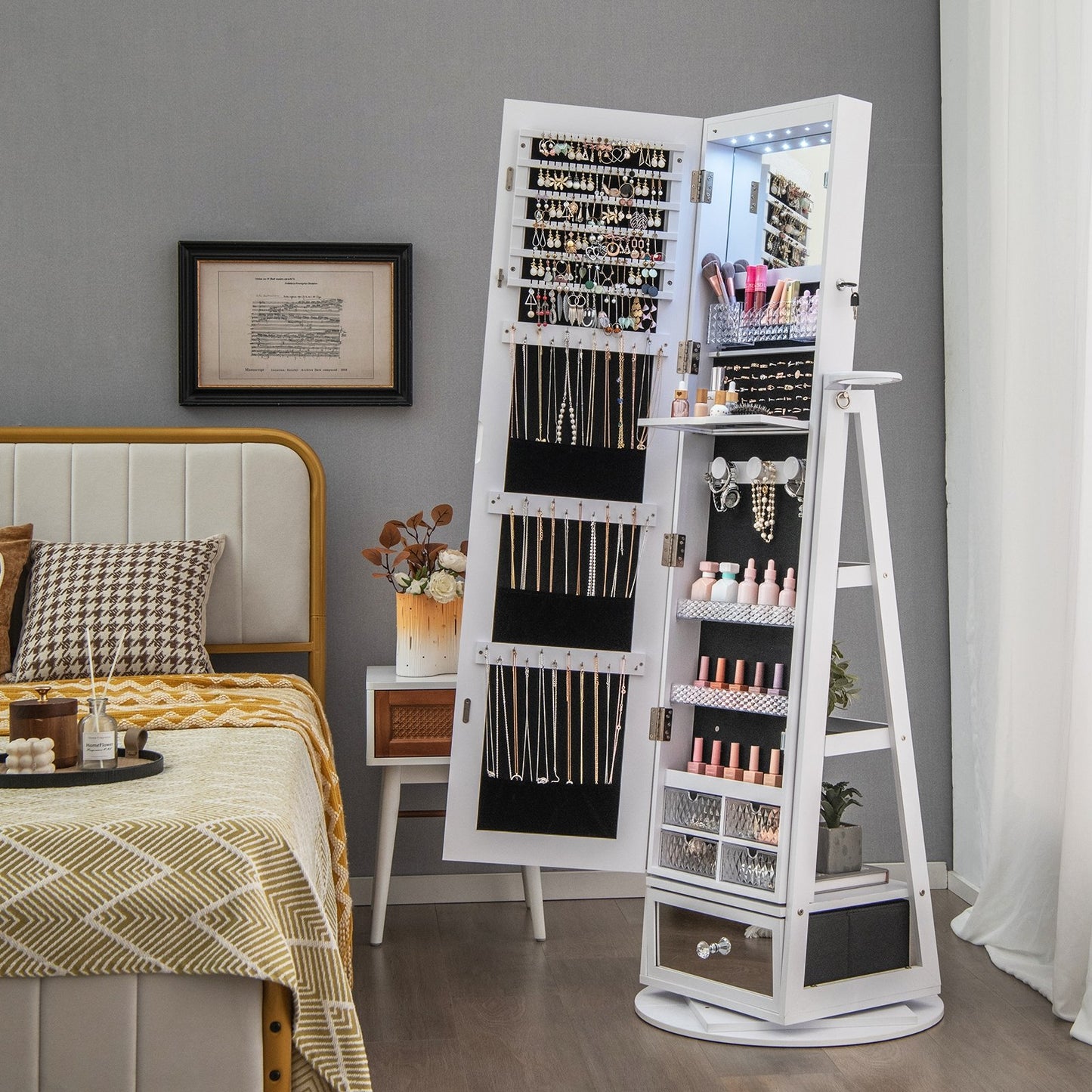 Lockable 360° Swivel Jewelry Cabinet with Full-Length Mirror LED Lights-Black