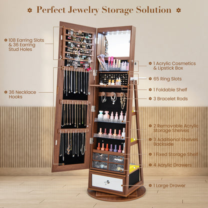 Lockable 360° Swivel Jewelry Cabinet with Full-Length Mirror LED Lights-Walnut