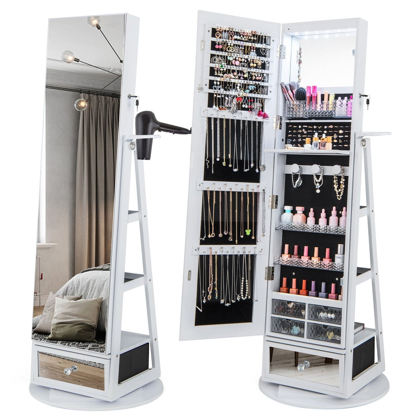 Lockable 360° Swivel Jewelry Cabinet with Full-Length Mirror LED Lights-Black