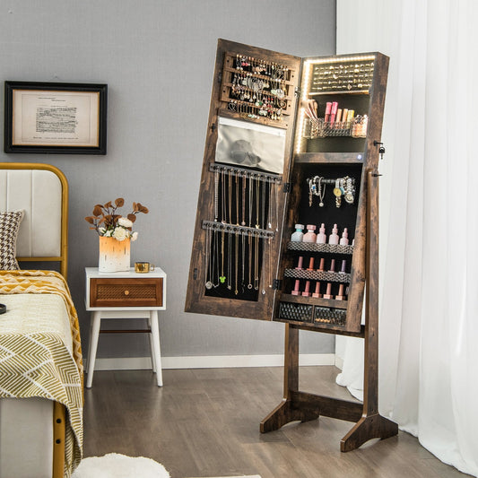 Lockable Jewelry Armoire Standing Cabinet with Lighted Full-Length Mirror-Rustic Brown