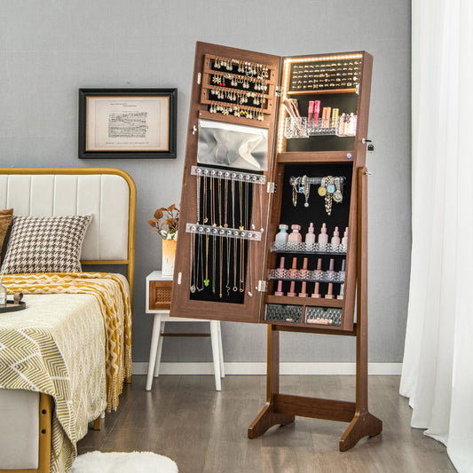 Lockable Jewelry Armoire Standing Cabinet with Lighted Full-Length Mirror-Walnut