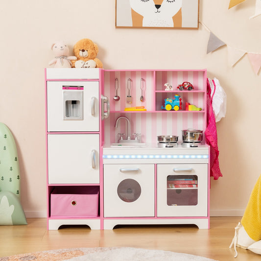 Kids Kitchen Playset Wooden Toy with Adjustable LED Lights and Washing Machine-Pink