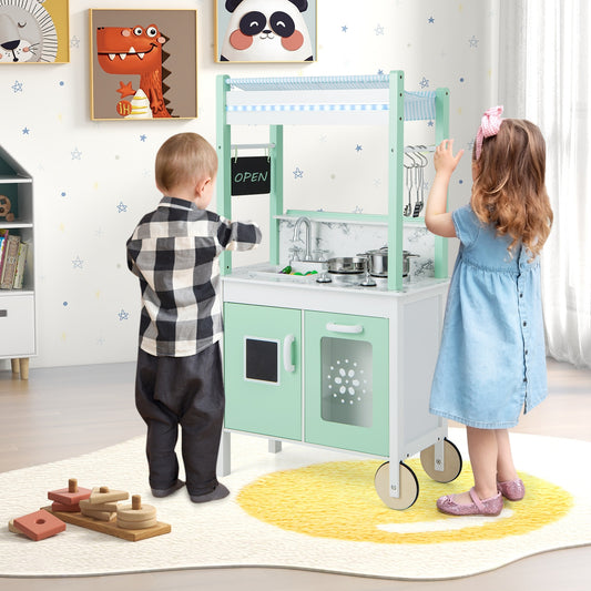Double-sided Pretend Play Kitchen with Remote Control and LED Light Bars-Green