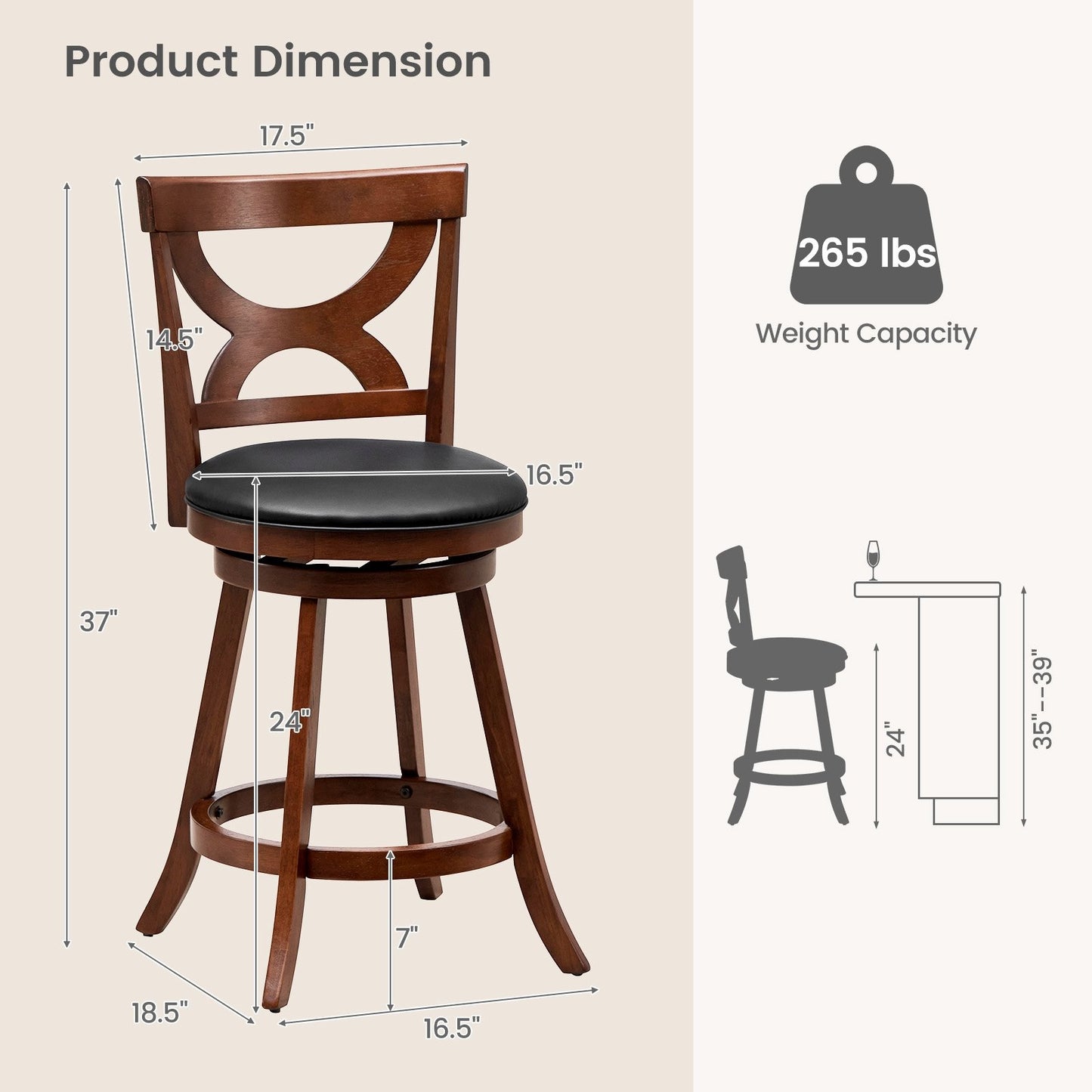 Swivel Bar Stools Set of 2 with Soft Cushion and Elegant Hollow Backrest-29 inches