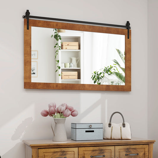 40 Inch x 26 Inch Rectangle Barn Door Style Wall Mounted Mirror with Solid Wood Frame and Metal Bracket-Brown