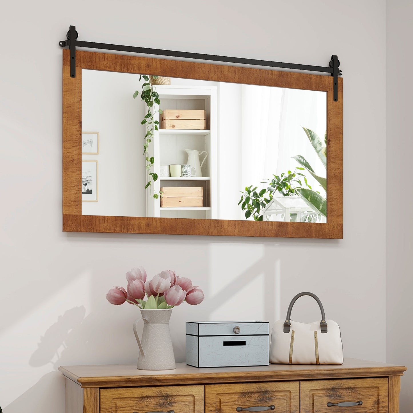 Rectangle Barn Door Style Wall Mounted Mirror with Solid Wood Frame-Black