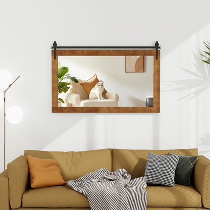 Rectangle Barn Door Style Wall Mounted Mirror with Solid Wood Frame-Black