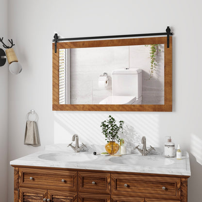 Rectangle Barn Door Style Wall Mounted Mirror with Solid Wood Frame-Black