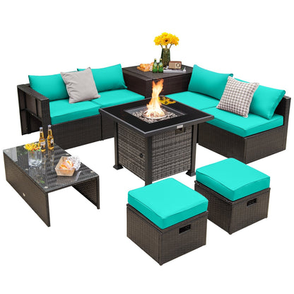 Outdoor 9 Pieces Patio Furniture Set with 50 000 BTU Propane Fire Pit Table-Black