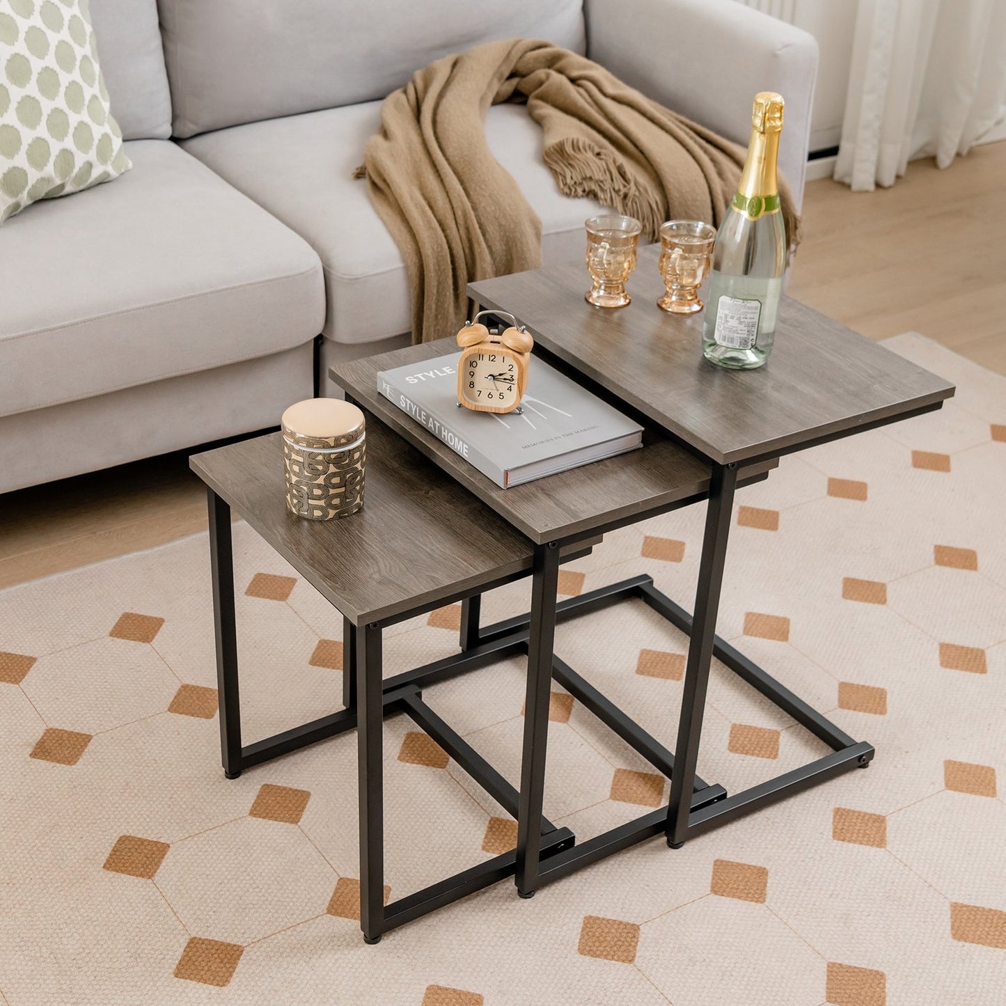 3 Pieces Multifunctional Coffee End Table Set-Brown