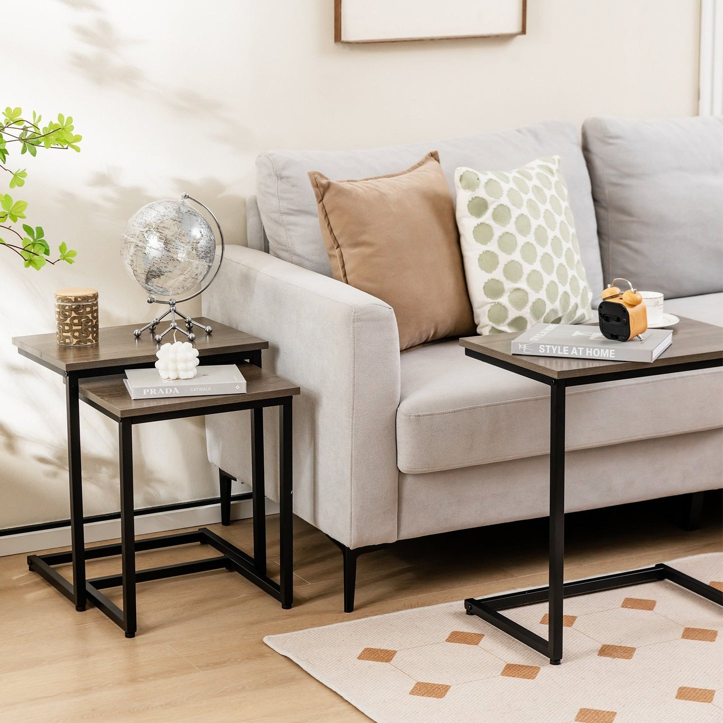 3 Pieces Multifunctional Coffee End Table Set-Brown