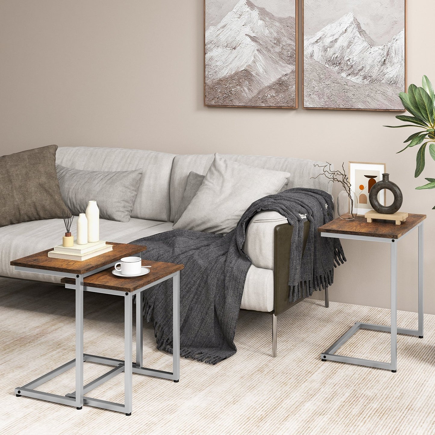 3 Pieces Multifunctional Coffee End Table Set-Brown