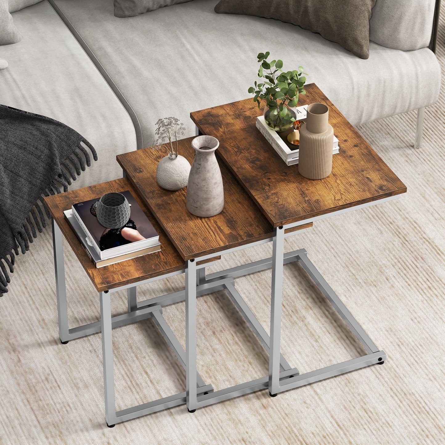 3 Pieces Multifunctional Coffee End Table Set-Brown