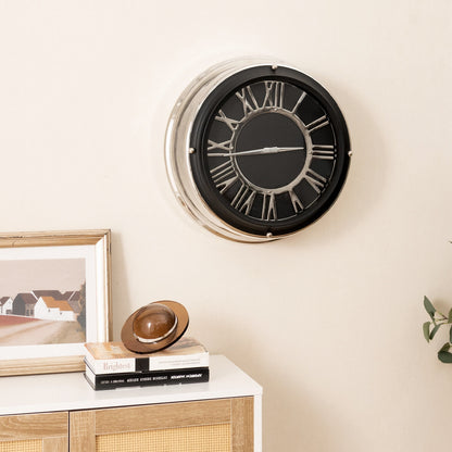 Silver frame wall clock with a 13.5/17.5 inch silent mechanism, modern home decor accent for living rooms or offices.