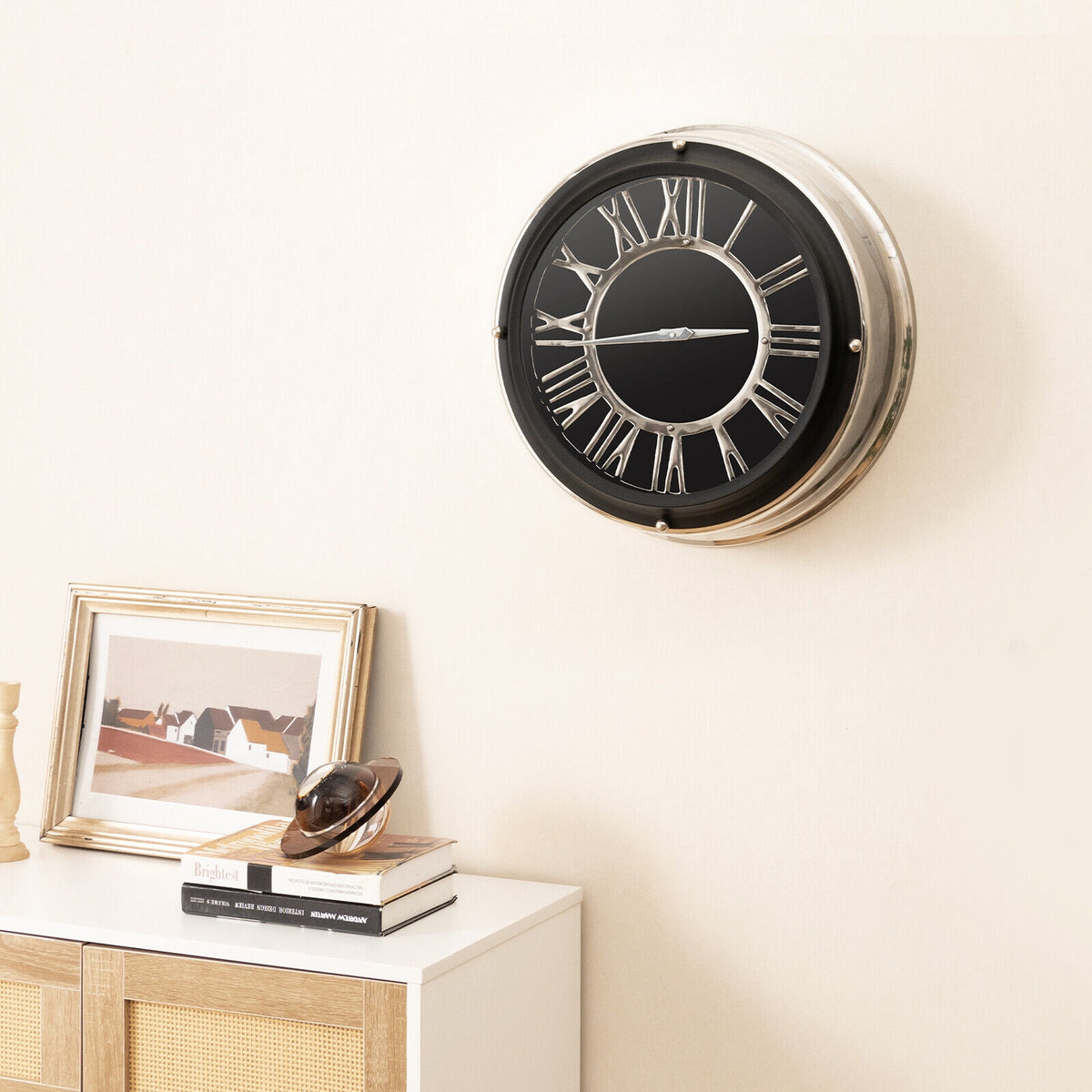 Silver frame wall clock with 13.5/17.5 inch silent mechanism, modern wall decor for home interior.