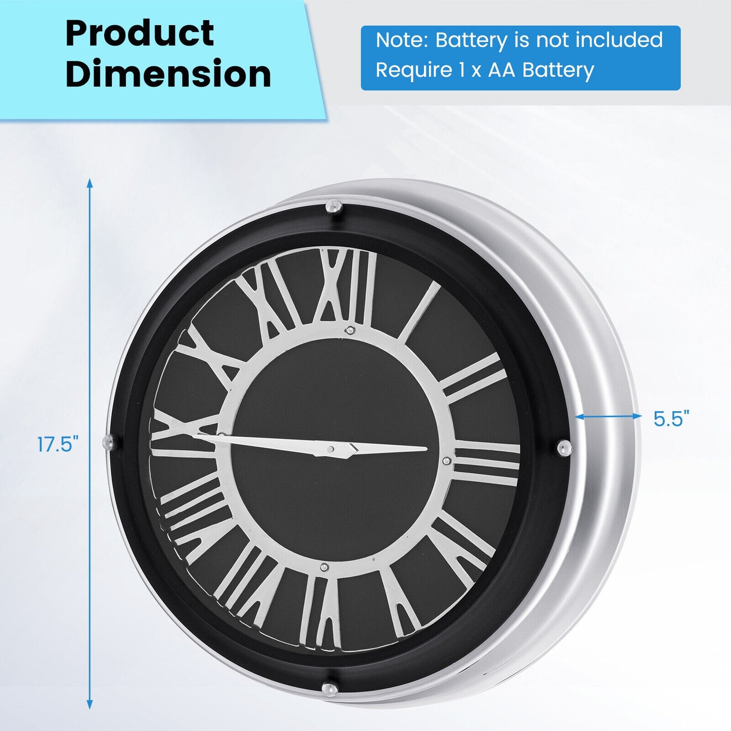 Silver frame 13.5/17.5 inch silent wall clock with modern design, perfect for home decor and wall decoration.