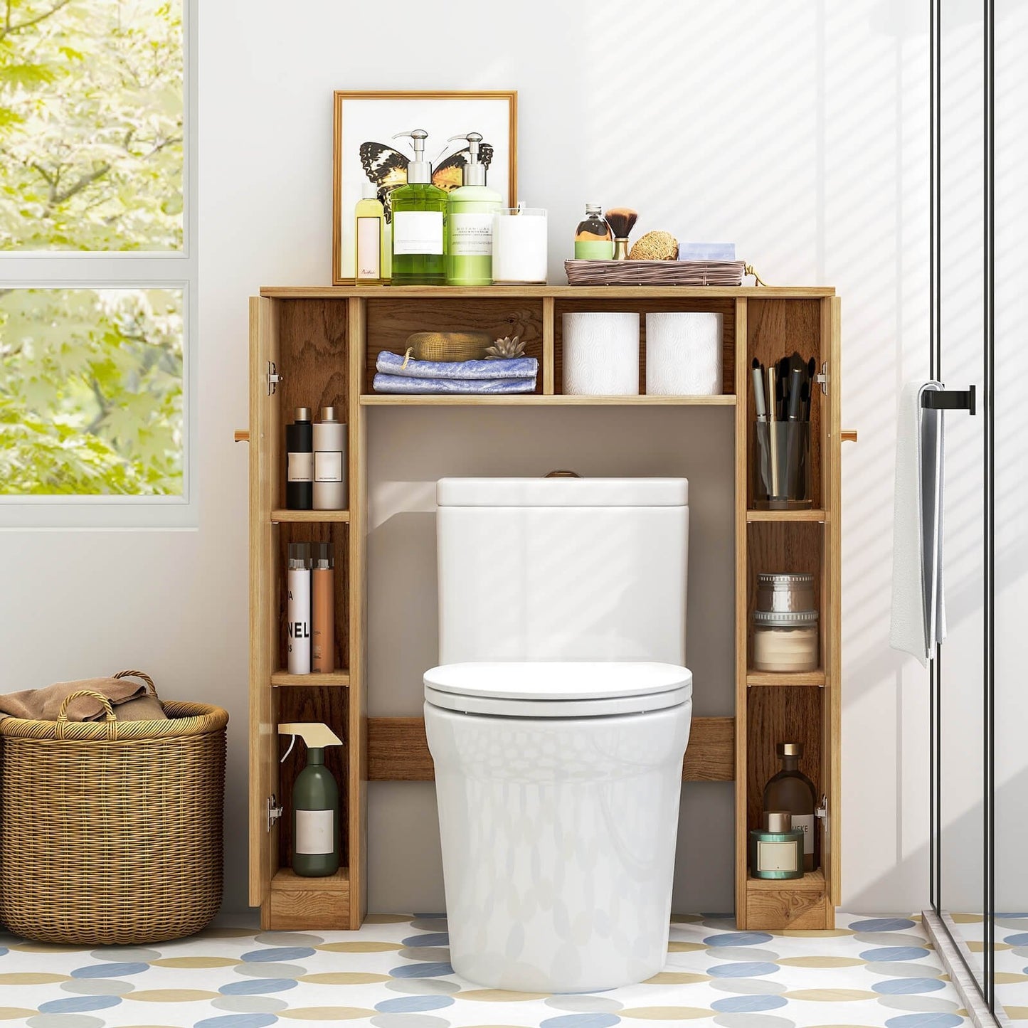 Over The Toilet Storage Cabinet with 2 Open Compartments and 4 Adjustable Shelves-Black